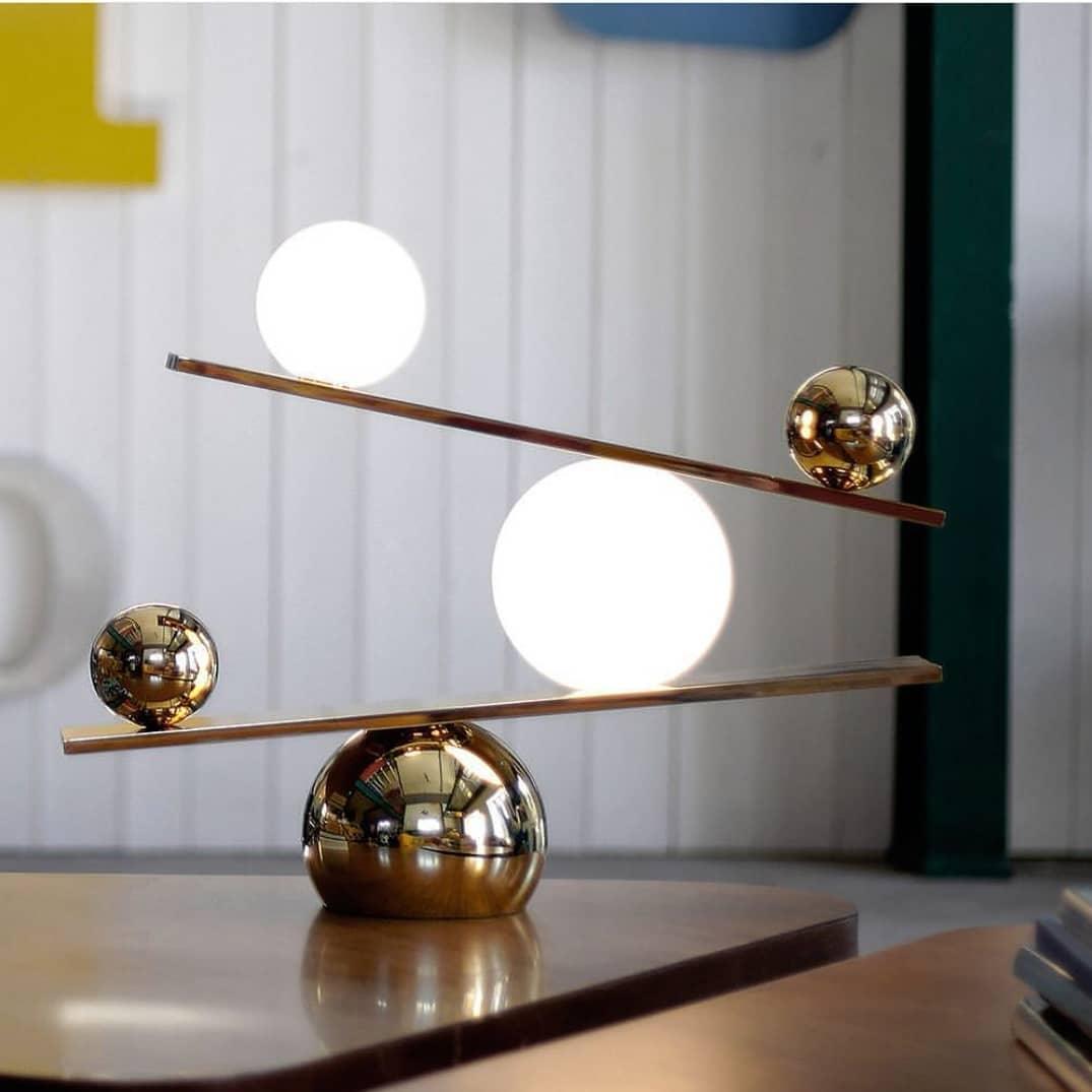 Modern Artistic Balance Table Lamp with Glass Spheres and Black Marble Base
