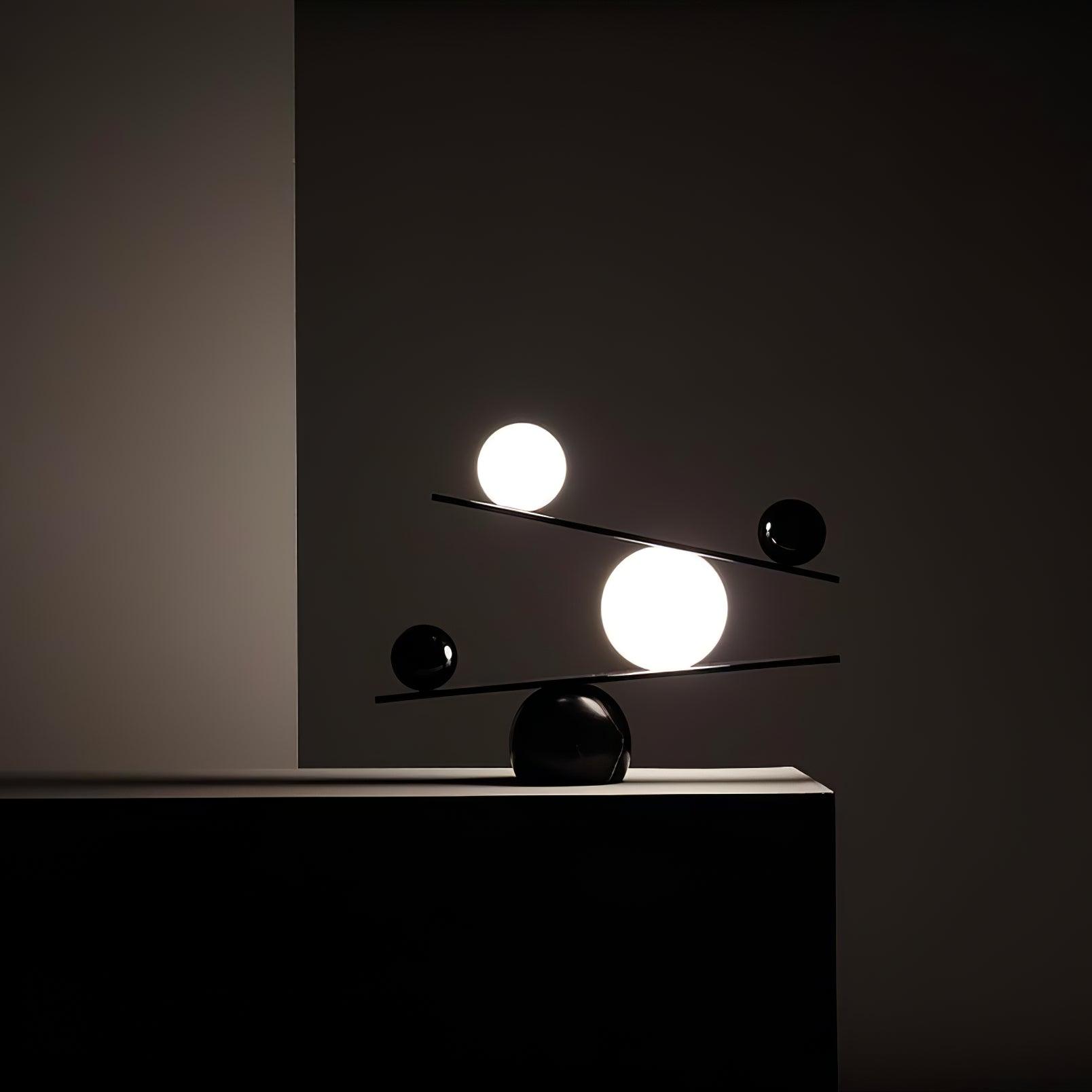 Modern Artistic Balance Table Lamp with Glass Spheres and Black Marble Base
