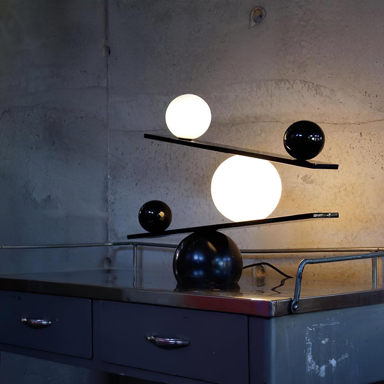 Modern Artistic Balance Table Lamp with Glass Spheres and Black Marble Base