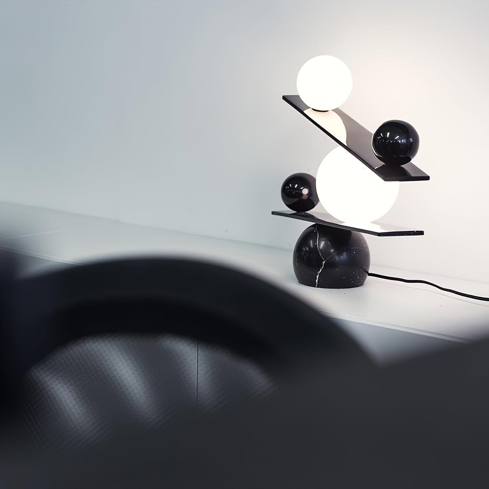 Modern Artistic Balance Table Lamp with Glass Spheres and Black Marble Base