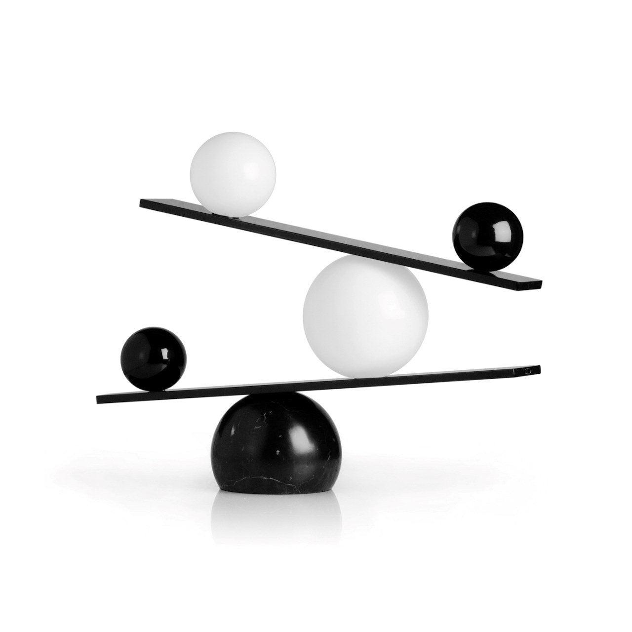 Modern Artistic Balance Table Lamp with Glass Spheres and Black Marble Base