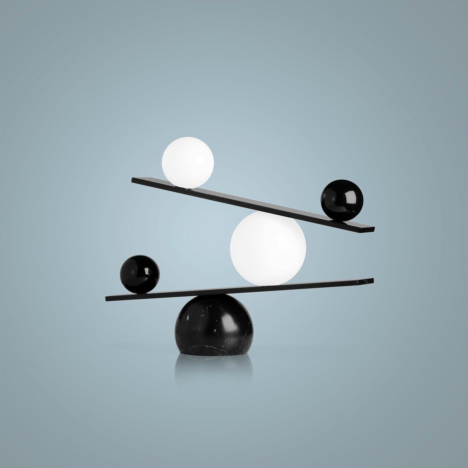 Modern Artistic Balance Table Lamp with Glass Spheres and Black Marble Base