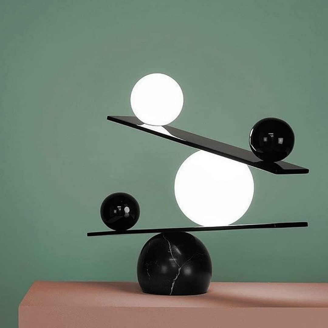 Modern Artistic Balance Table Lamp with Glass Spheres and Black Marble Base