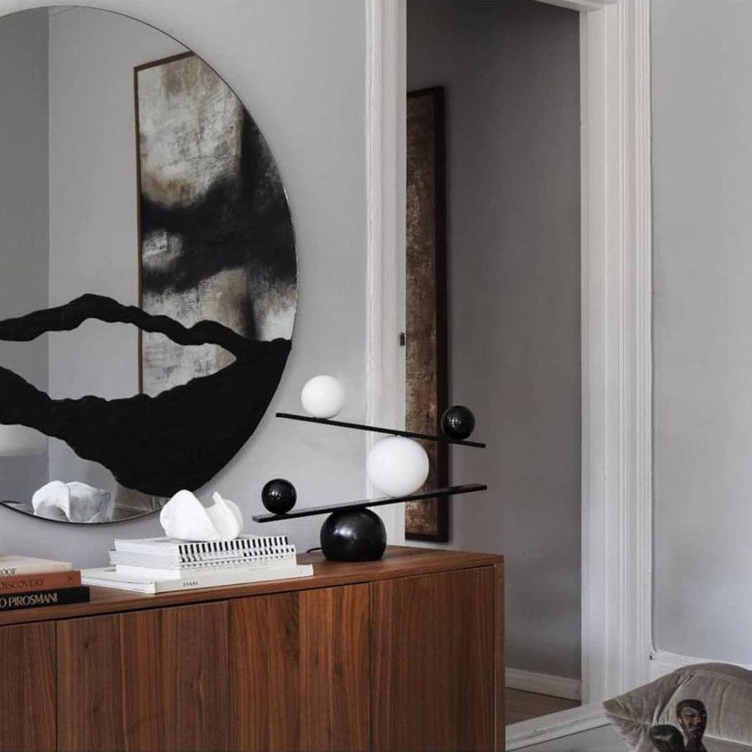 Modern Artistic Balance Table Lamp with Glass Spheres and Black Marble Base