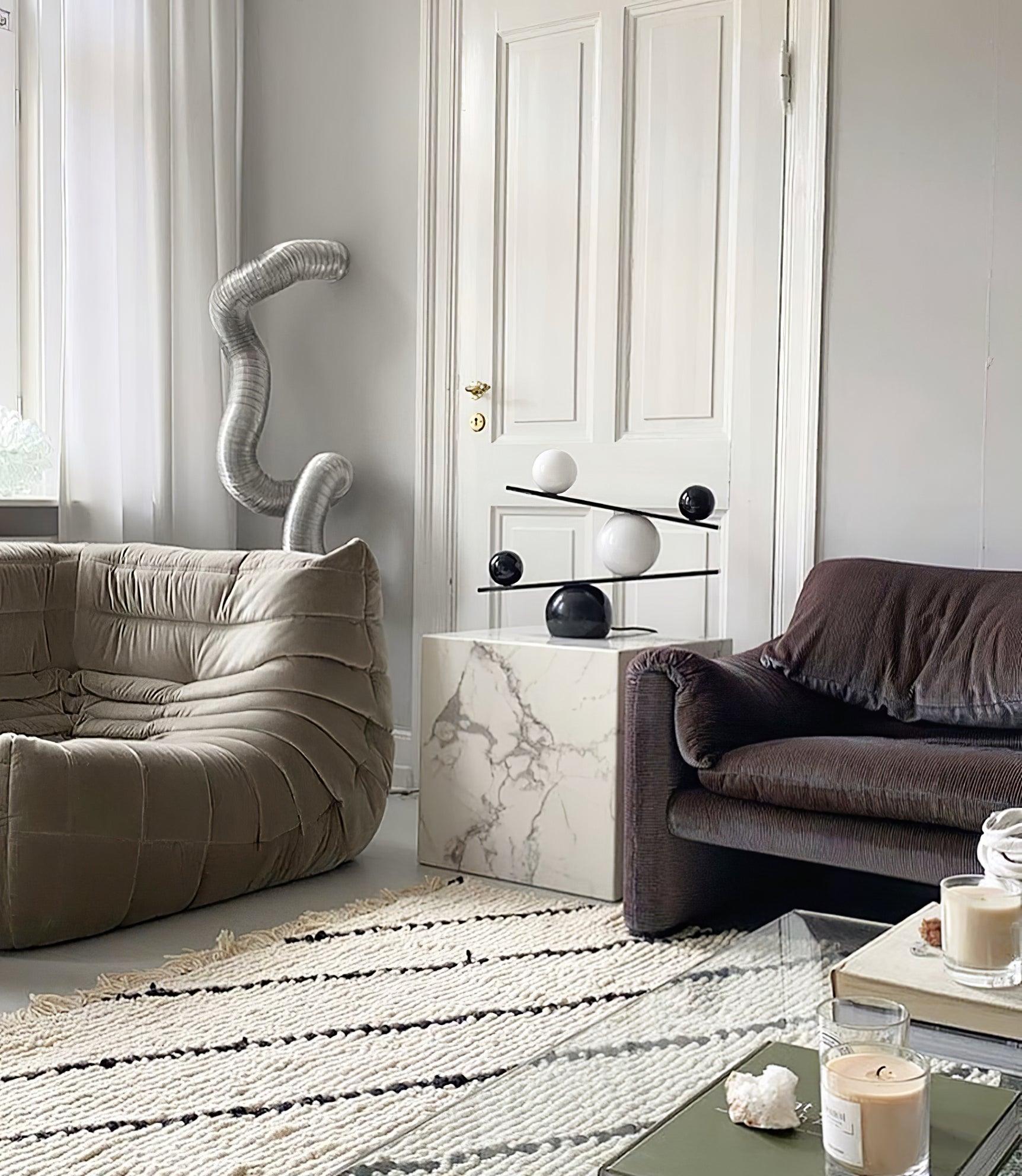 Modern Artistic Balance Table Lamp with Glass Spheres and Black Marble Base