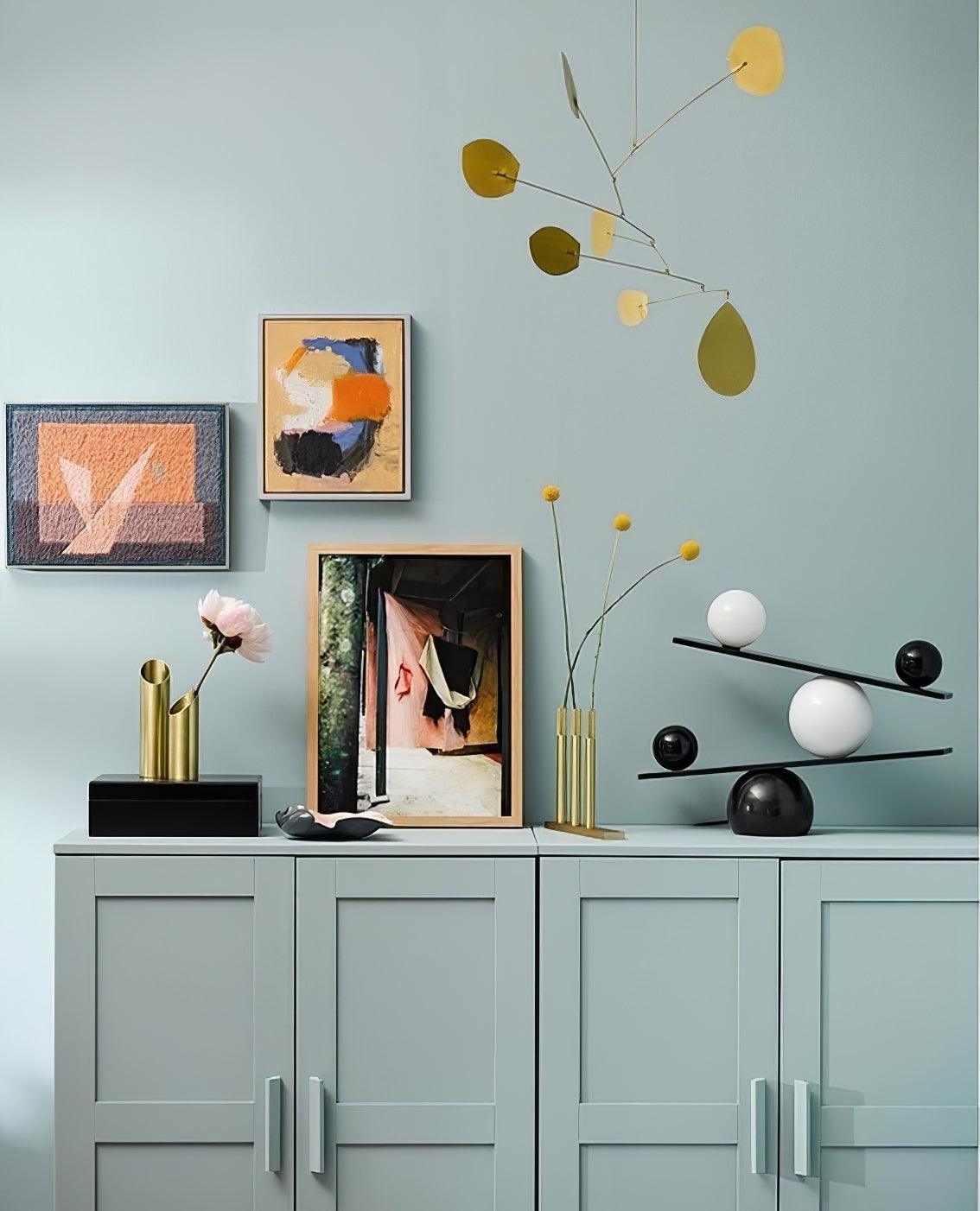 Modern Artistic Balance Table Lamp with Glass Spheres and Black Marble Base