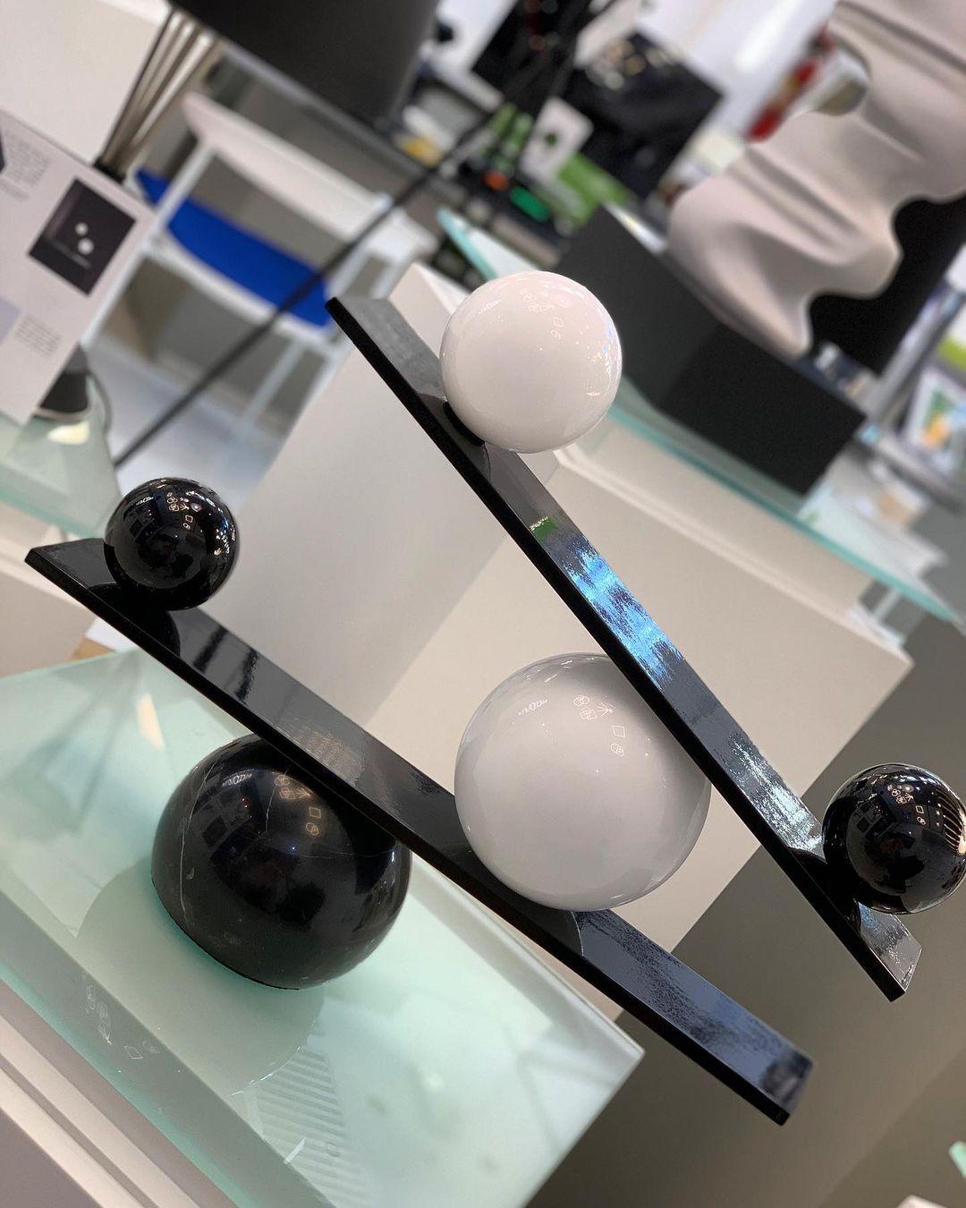 Modern Artistic Balance Table Lamp with Glass Spheres and Black Marble Base