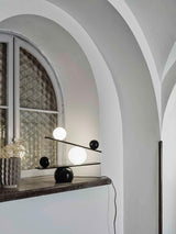 Modern Artistic Balance Table Lamp with Glass Spheres and Black Marble Base