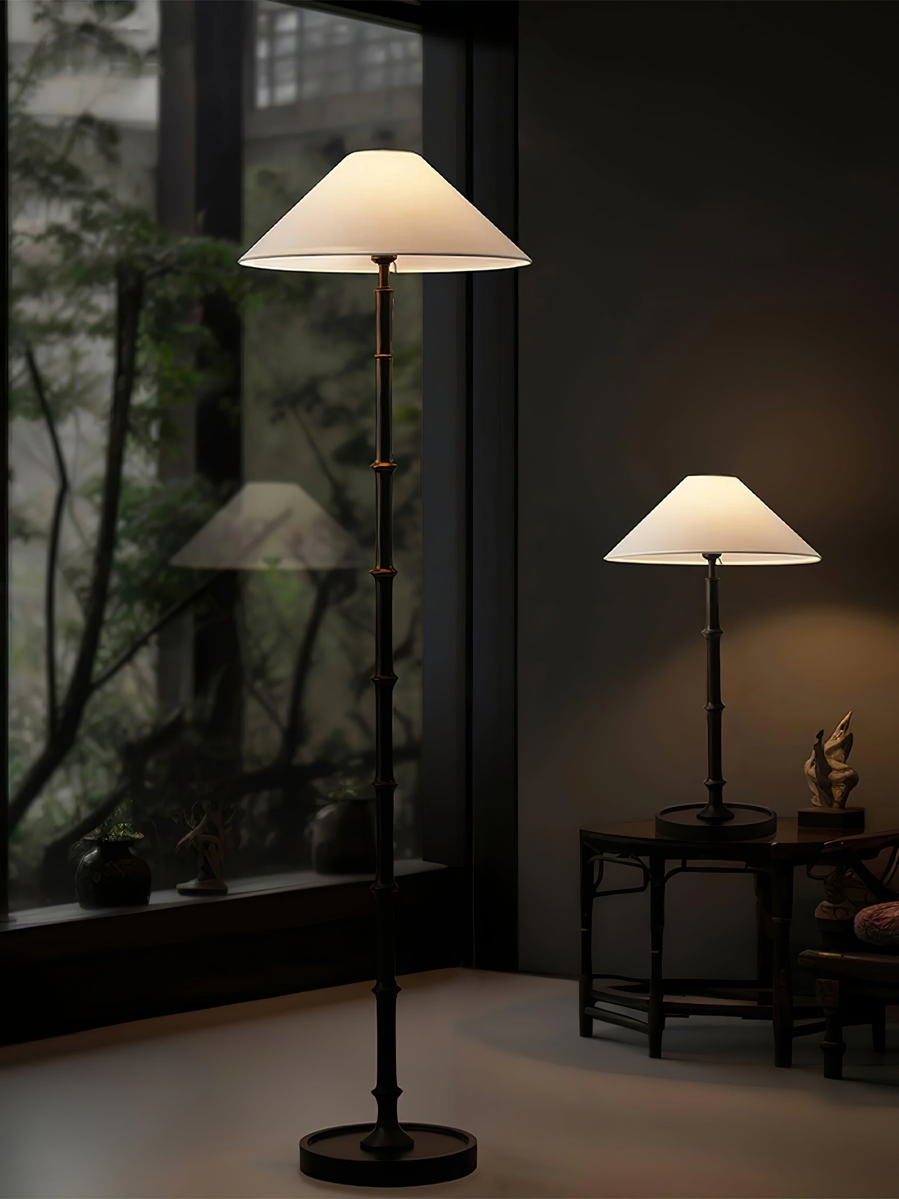 Natural Bamboo Knot Wood Floor Lamp with White Fabric Shade for Living Room and Bedroom