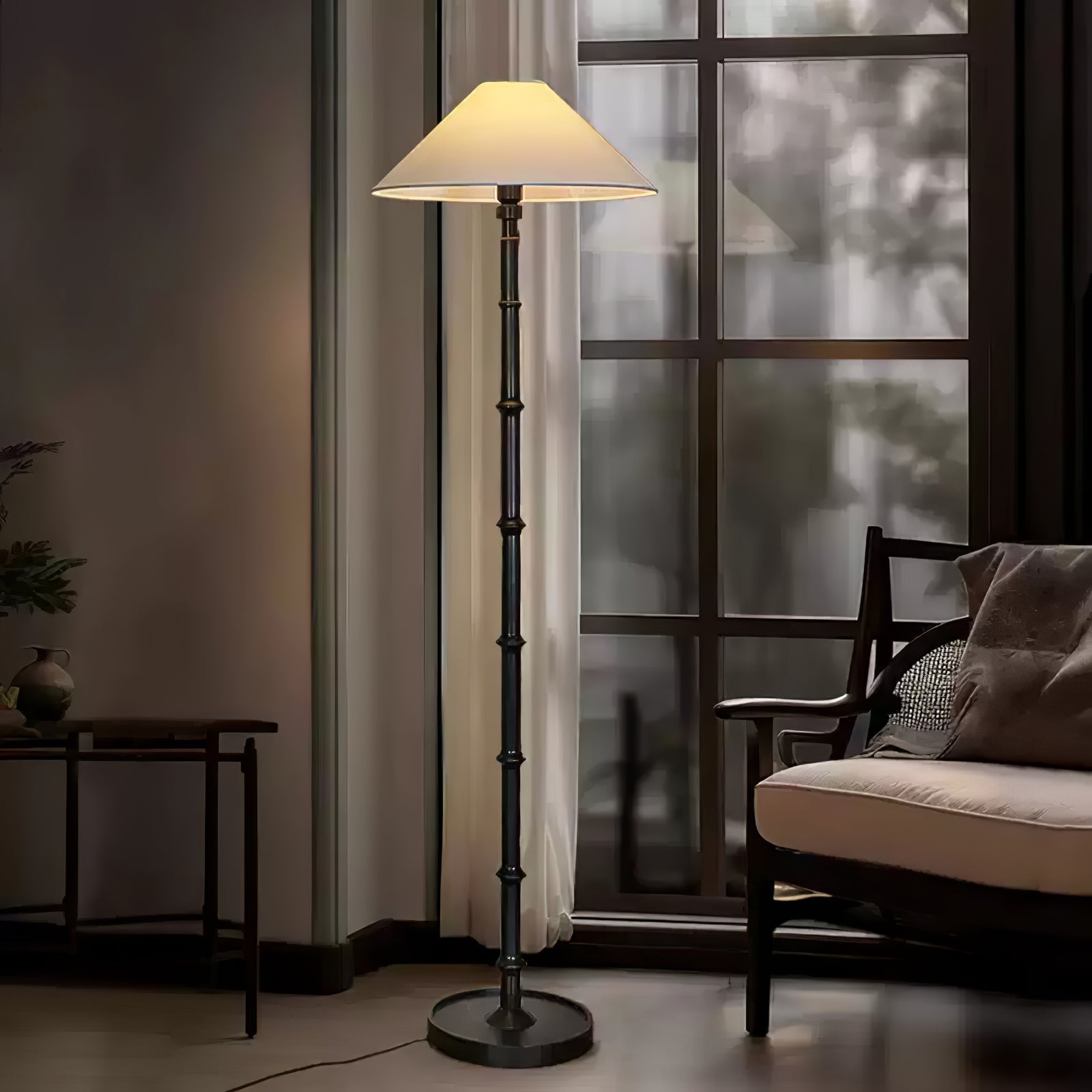 Natural Bamboo Knot Wood Floor Lamp with White Fabric Shade for Living Room and Bedroom