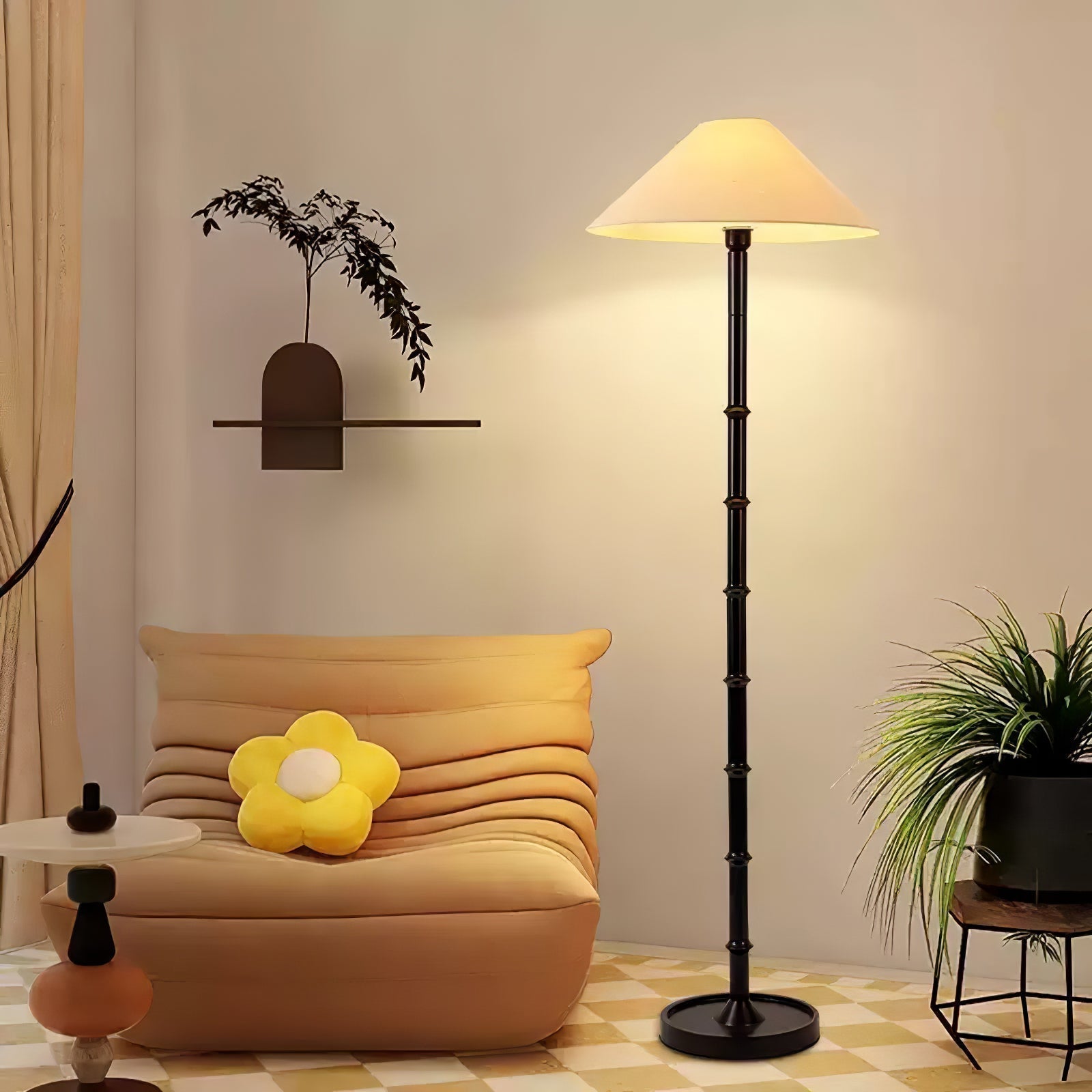 Natural Bamboo Knot Wood Floor Lamp with White Fabric Shade for Living Room and Bedroom