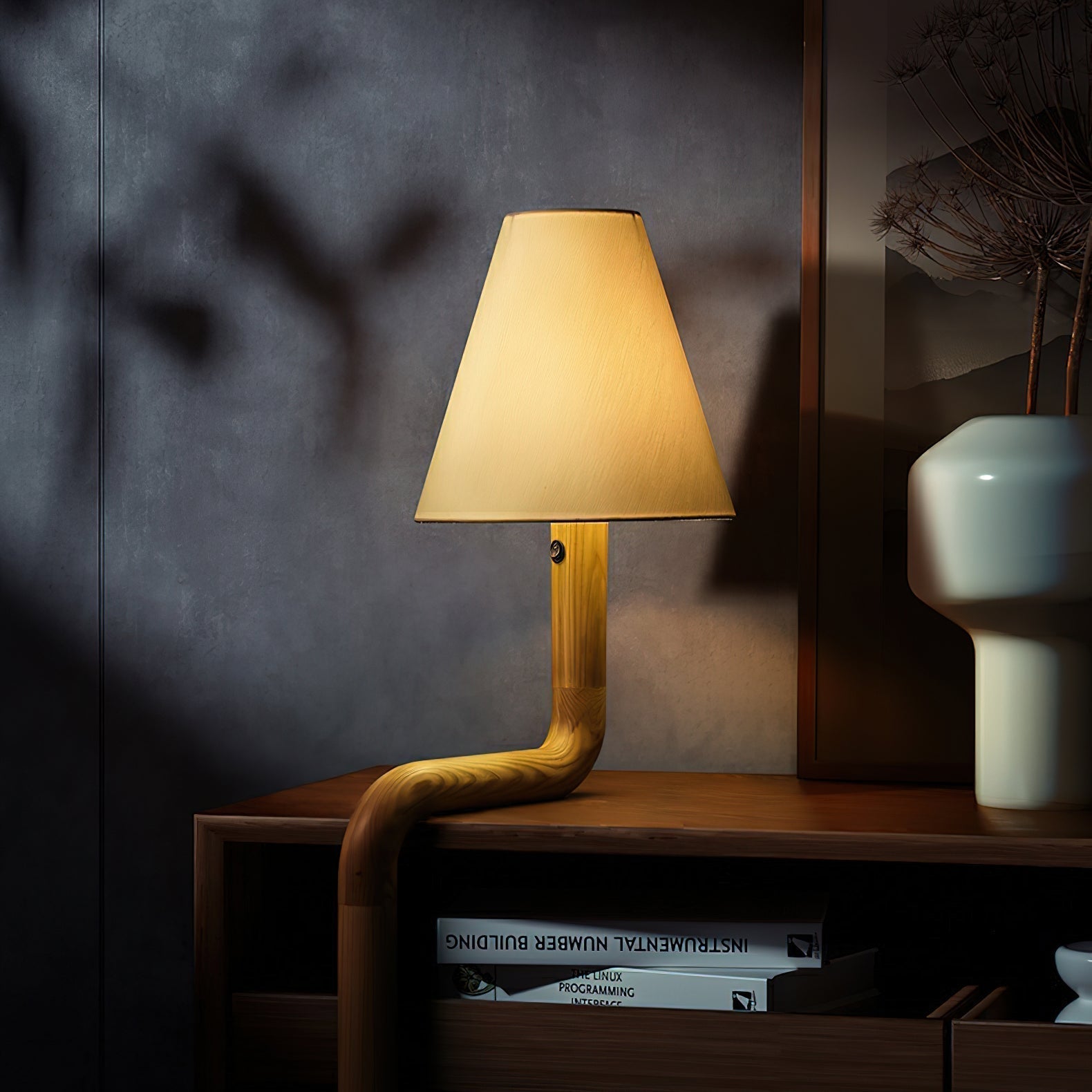 Modern Organic Bend Wood Table Lamp Minimalist Mid Century Bedside Desk Light