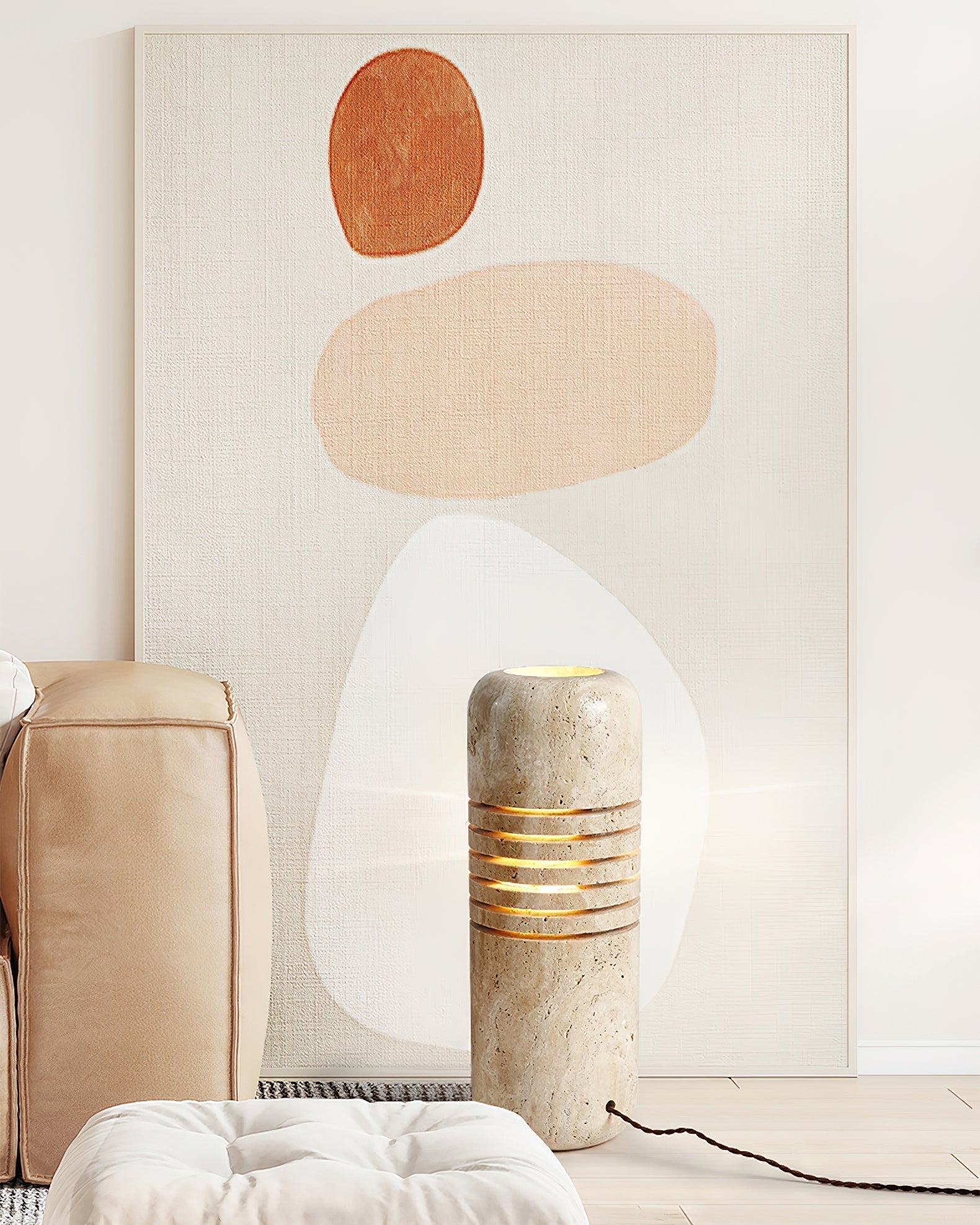 Modern Travertine Stone Bucket Floor Lamp Minimalist Uplight for Living Room