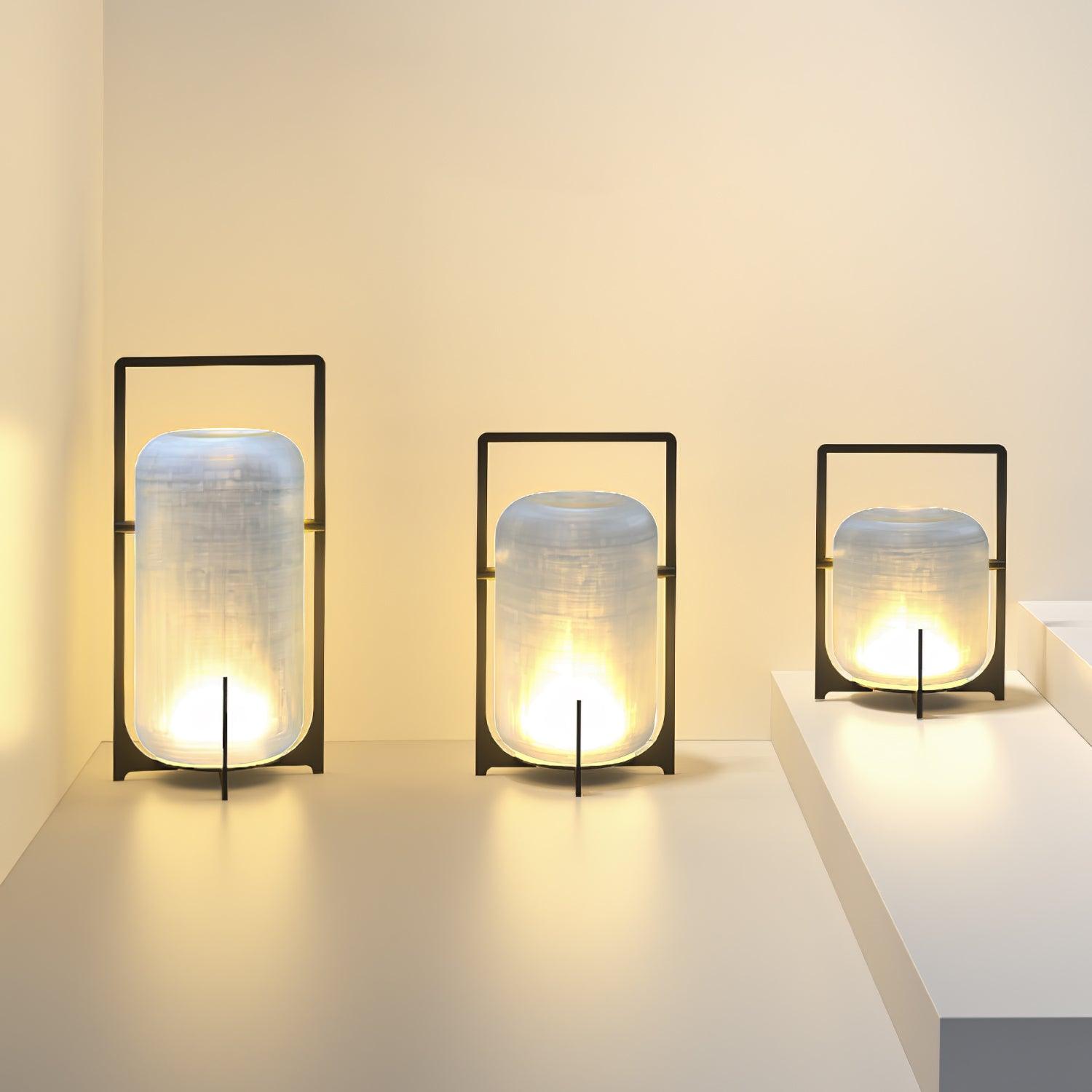 Modern Black Outdoor Portable Lantern Table Lamp with Blown Glass Shade