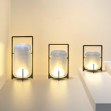 Modern Black Outdoor Portable Lantern Table Lamp with Blown Glass Shade