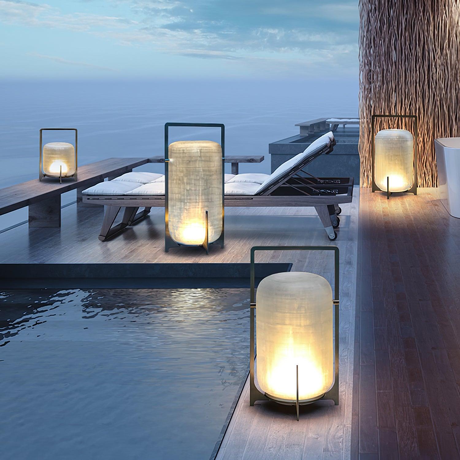 Modern Black Outdoor Portable Lantern Table Lamp with Blown Glass Shade