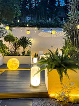 Modern Black Outdoor Portable Lantern Table Lamp with Blown Glass Shade
