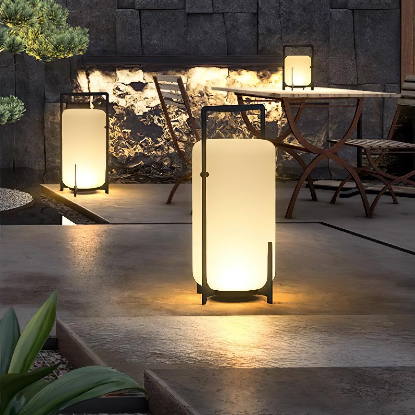 Modern Black Outdoor Portable Lantern Table Lamp with Blown Glass Shade