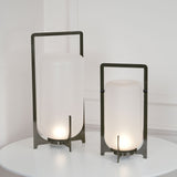 Modern Black Outdoor Portable Lantern Table Lamp with Blown Glass Shade