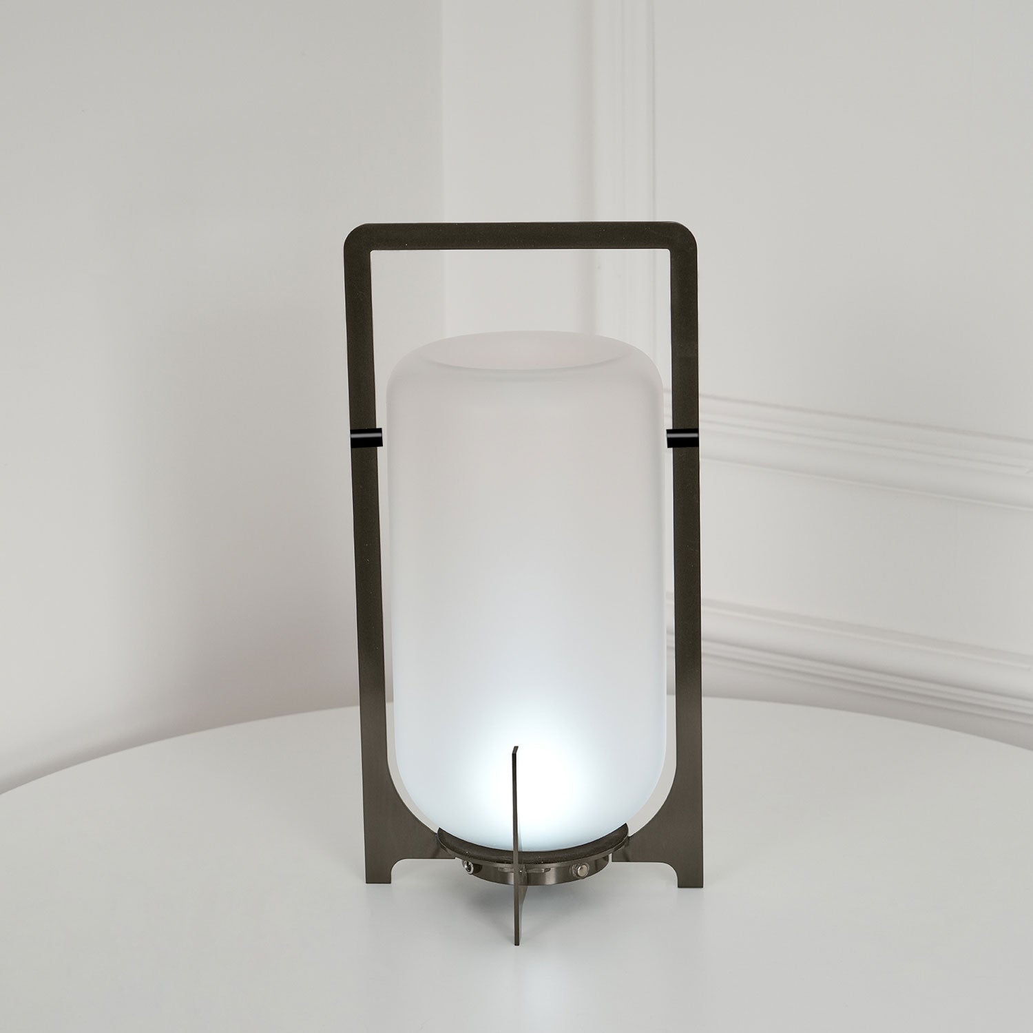 Modern Black Outdoor Portable Lantern Table Lamp with Blown Glass Shade