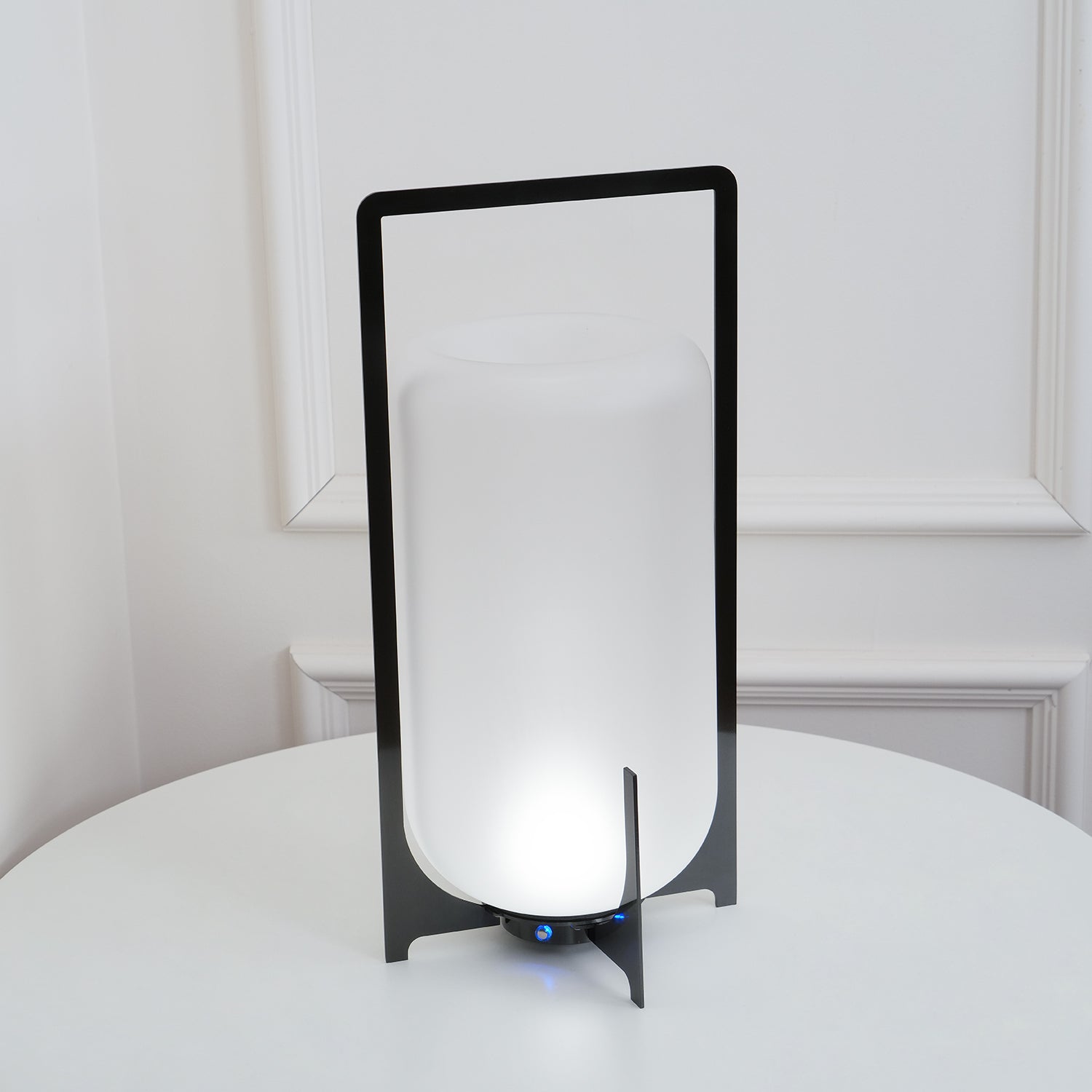 Modern Black Outdoor Portable Lantern Table Lamp with Blown Glass Shade