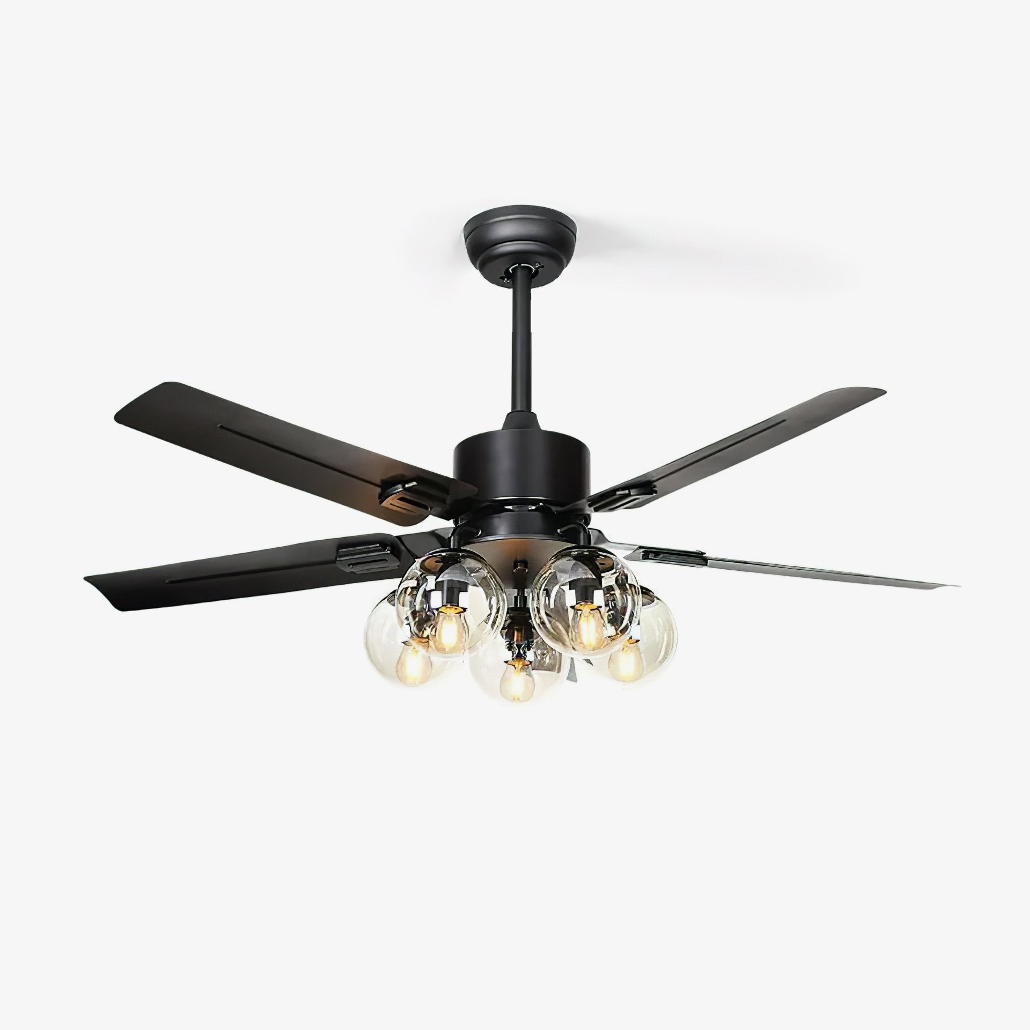 Vintage Industrial Black Ceiling Fan with Glass Globe Lighting and Three Speed Motor