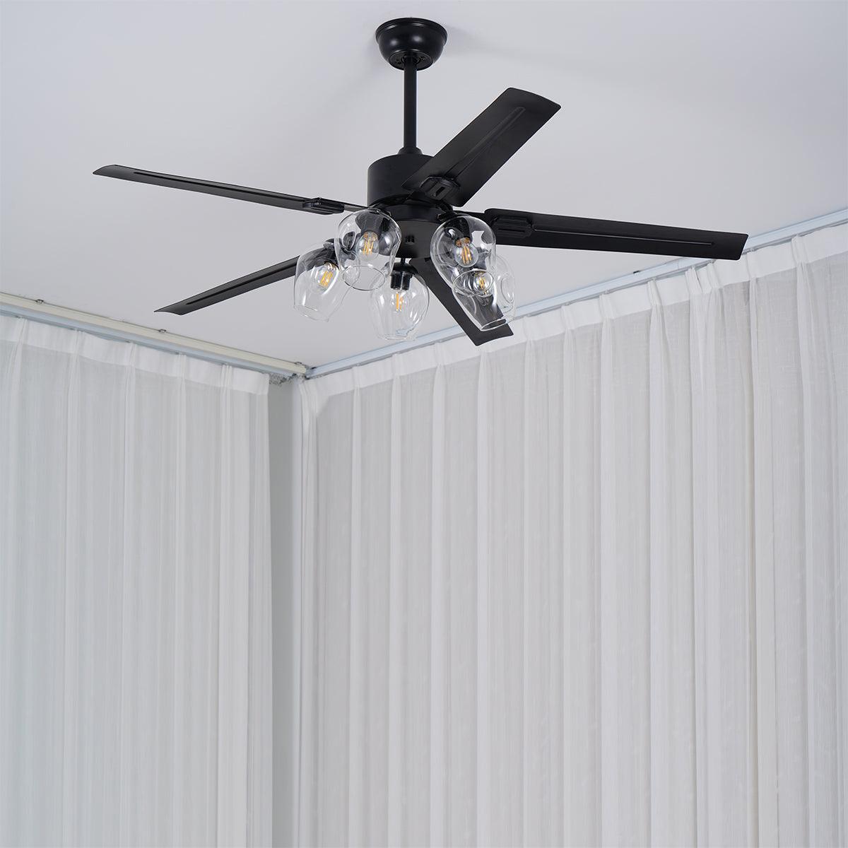Vintage Industrial Black Ceiling Fan with Glass Globe Lighting and Three Speed Motor