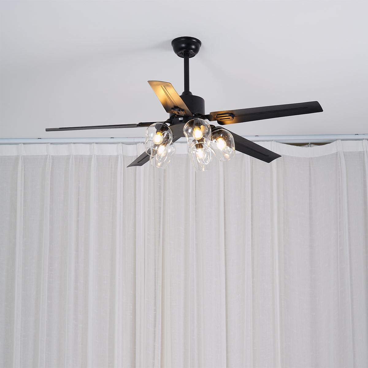 Vintage Industrial Black Ceiling Fan with Glass Globe Lighting and Three Speed Motor