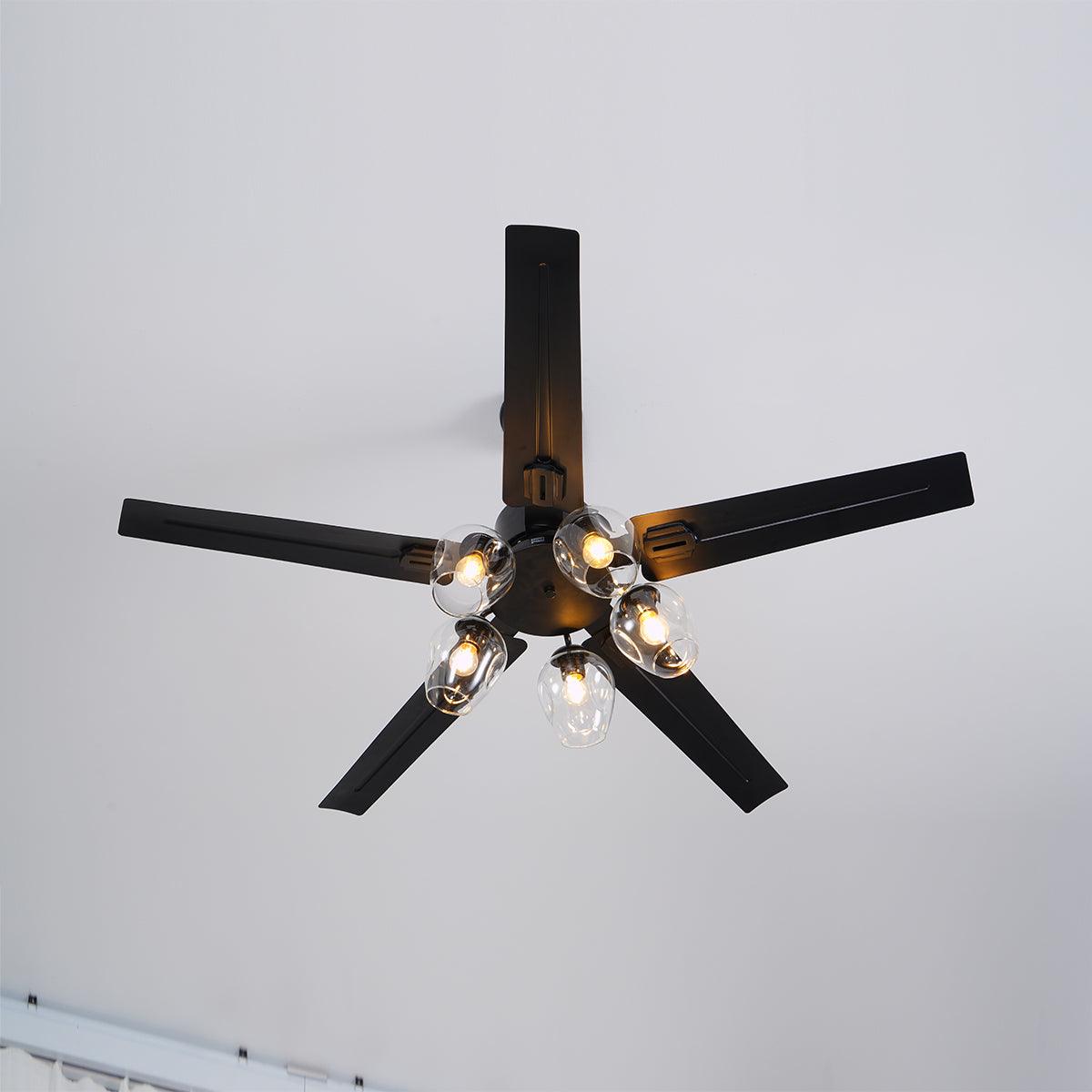 Vintage Industrial Black Ceiling Fan with Glass Globe Lighting and Three Speed Motor