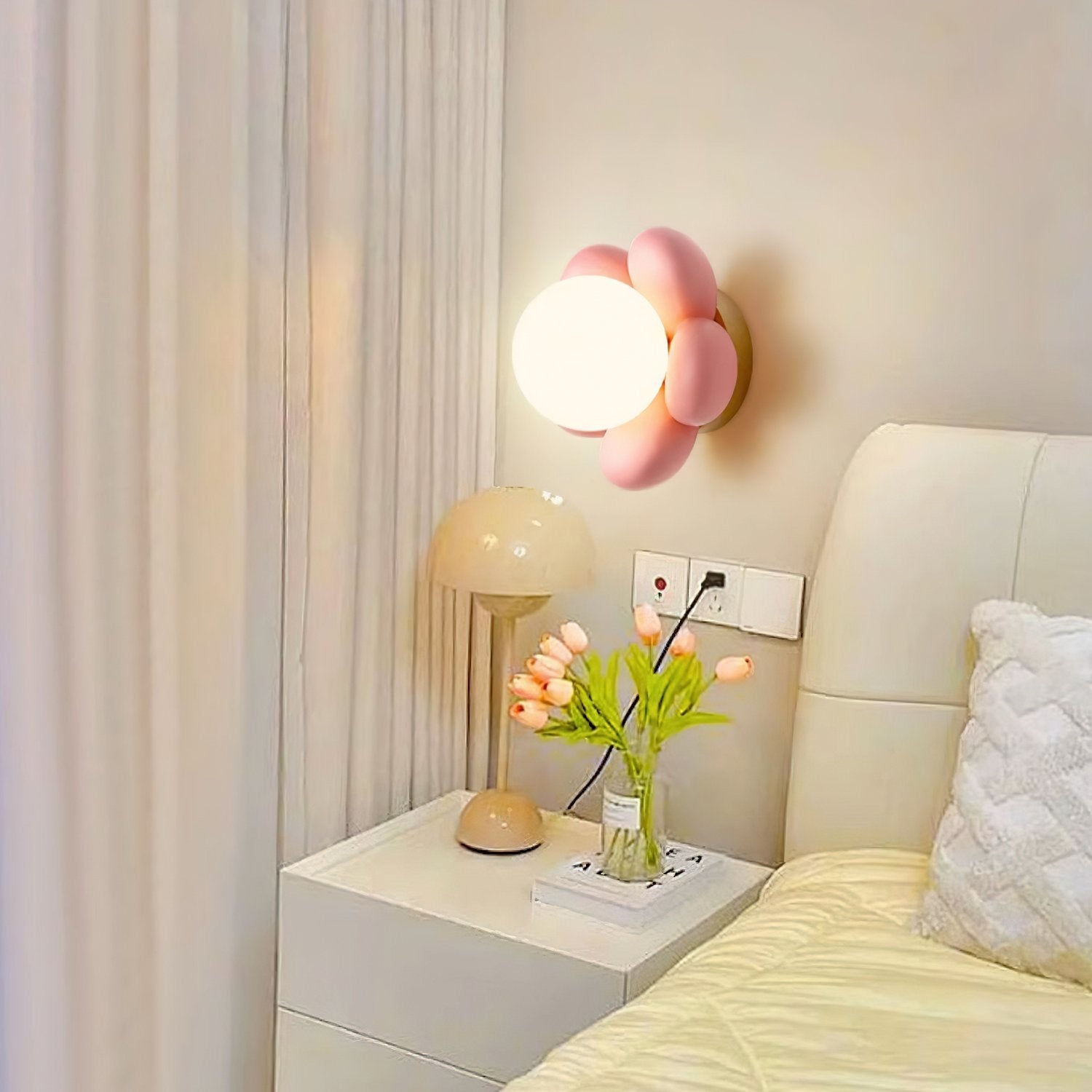 elegant-floral-wall-sconce-lighting-with-glass-shade-and-natural-wood-base