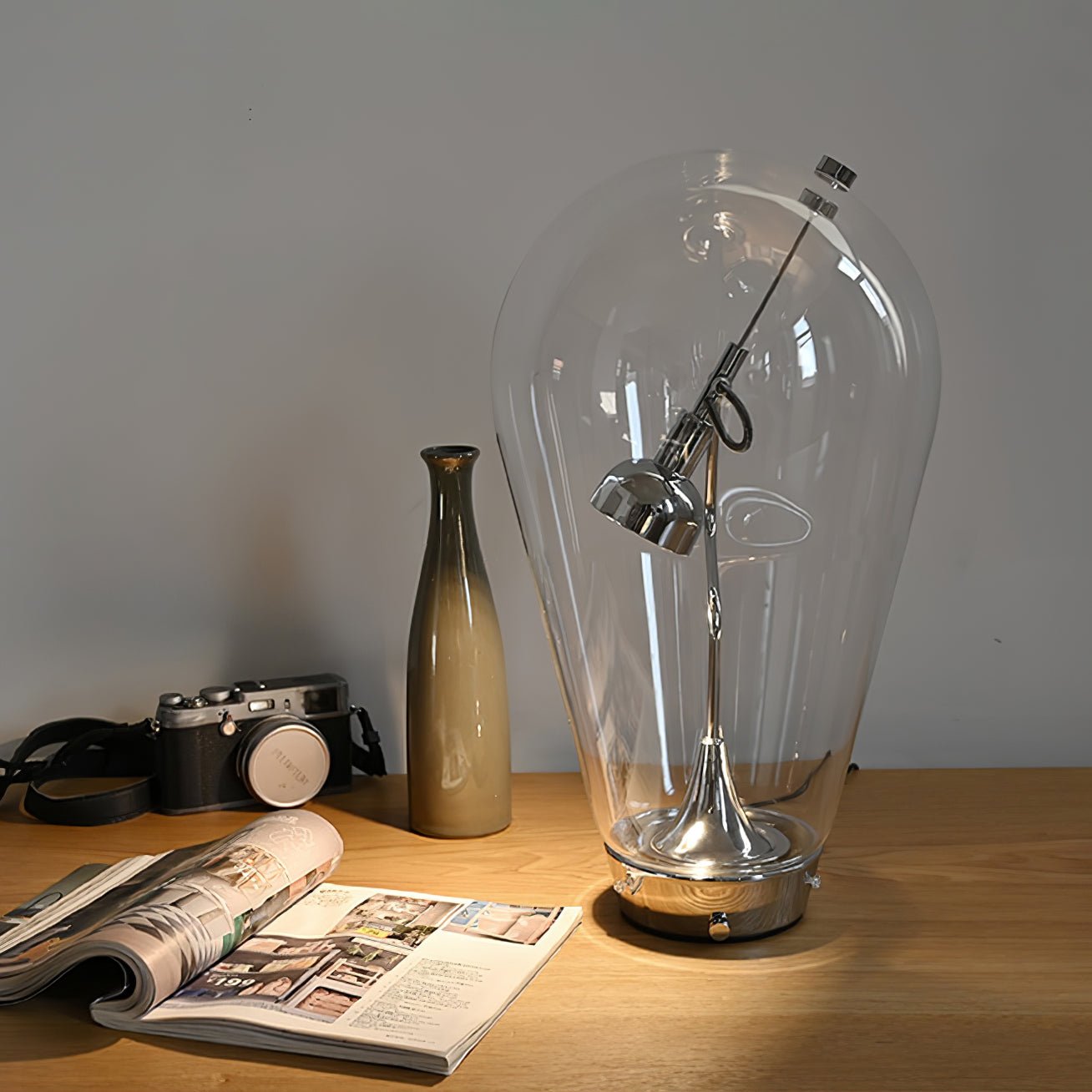 Blow Modern Glass Globe Table Lamp with Chrome Finish and Integrated LED for Nightstands