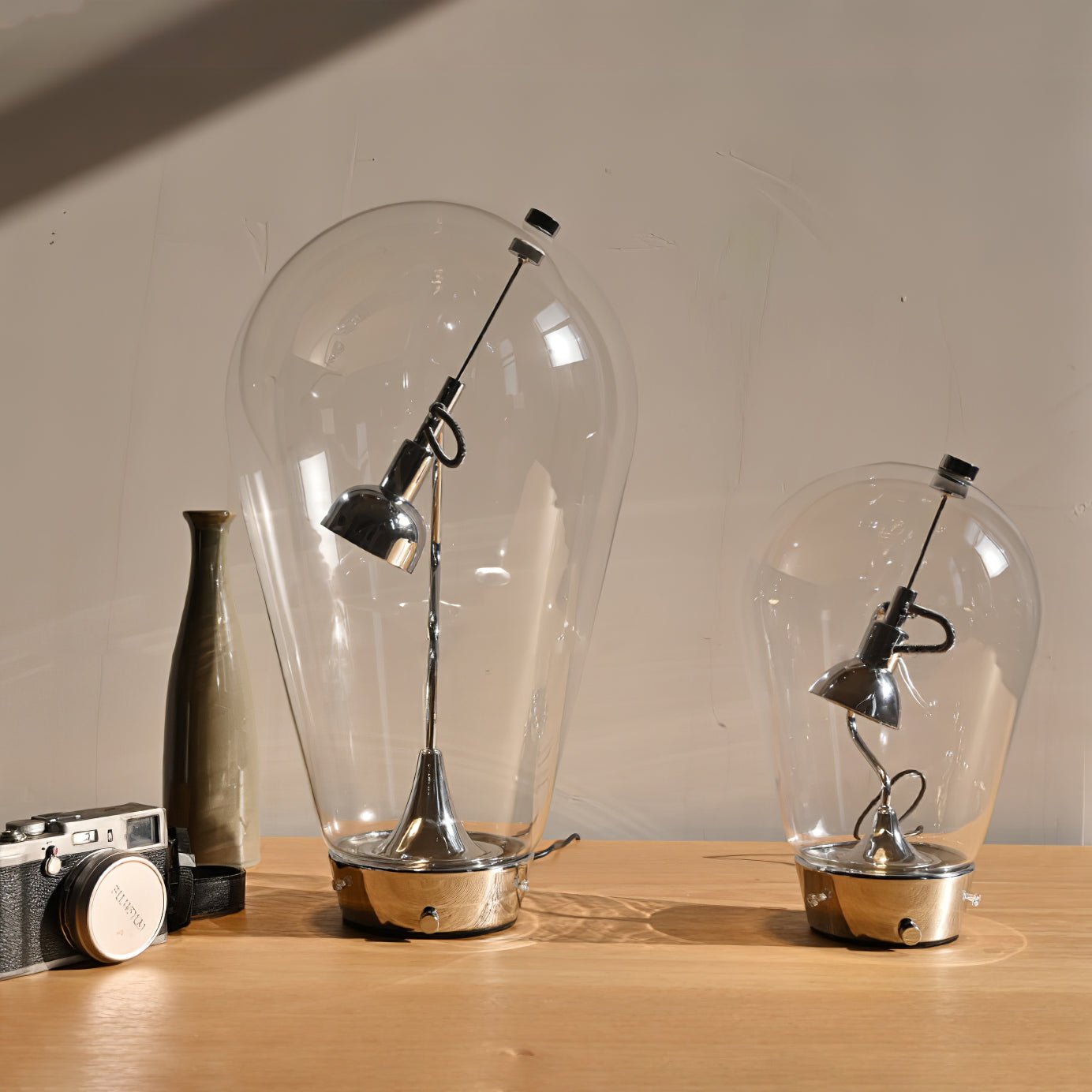 Blow Modern Glass Globe Table Lamp with Chrome Finish and Integrated LED for Nightstands