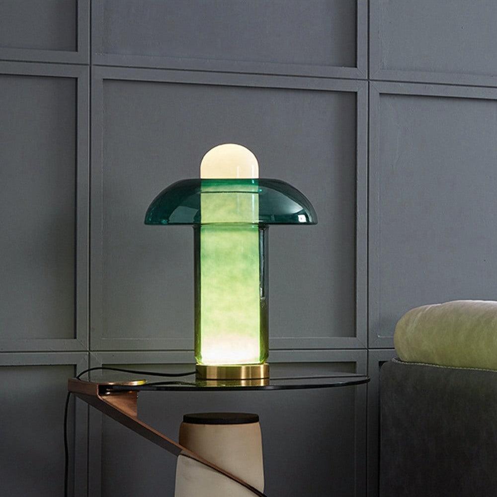 Green Glass Mushroom Table Lamp Mid Century Modern Bedside Nightstand Lighting for Living Room