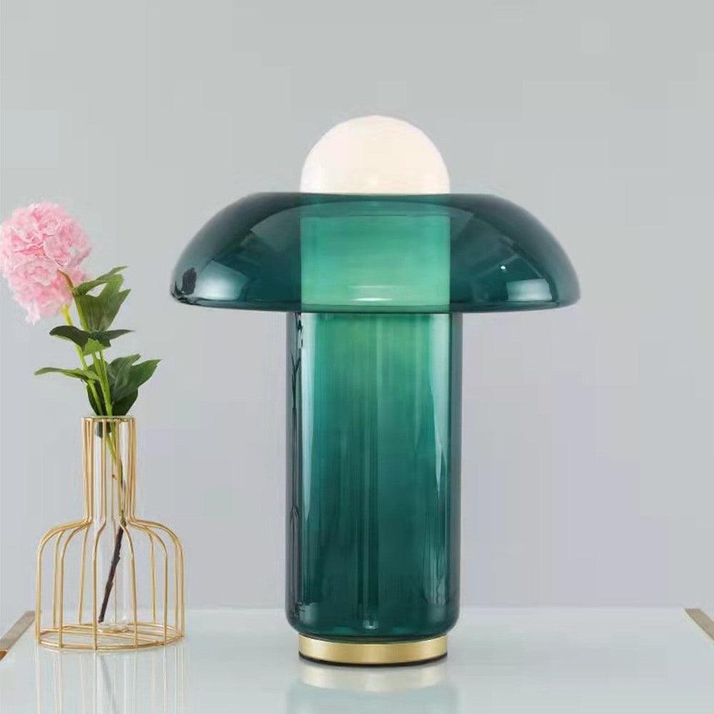 Green Glass Mushroom Table Lamp Mid Century Modern Bedside Nightstand Lighting for Living Room