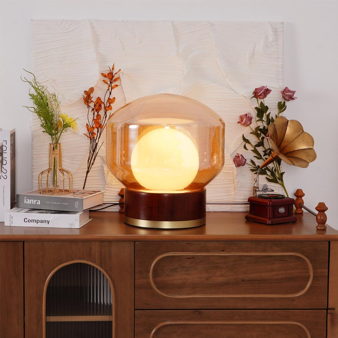 Rigel Contemporary Wood and Metal Table Lamp with Amber Glass Shade for Bedroom
