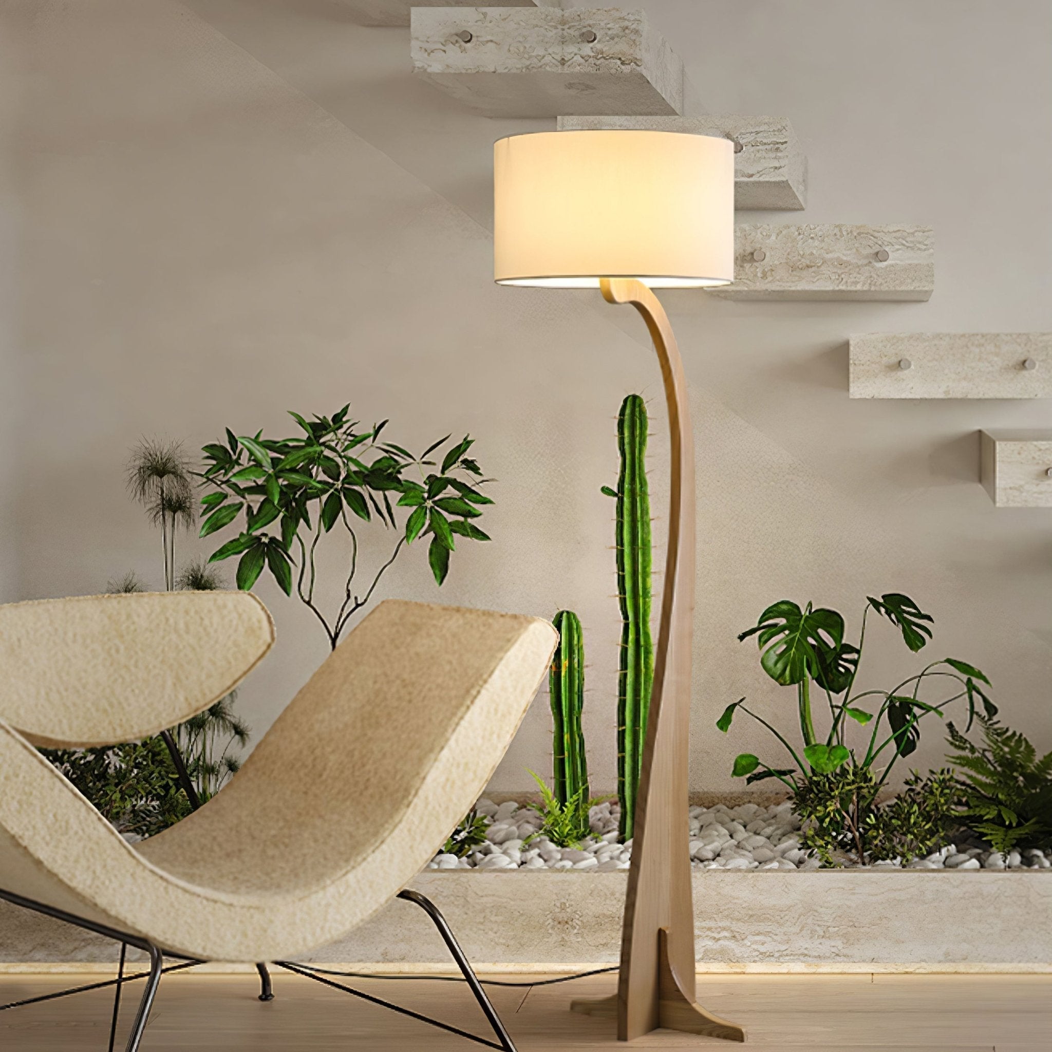 Modern Bow Curve Floor Lamp with Wooden Arch and White Fabric Shade Tall Standing Light