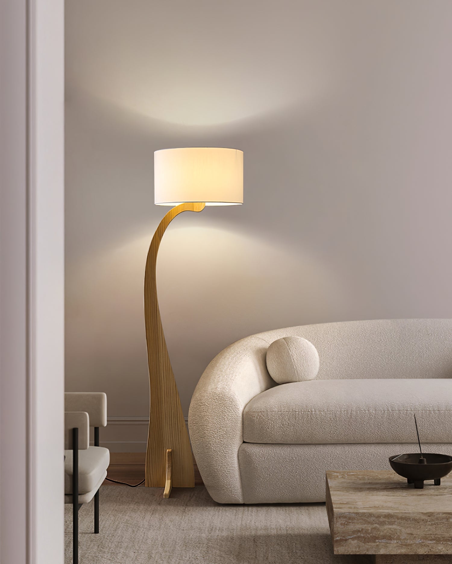 Modern Bow Curve Floor Lamp with Wooden Arch and White Fabric Shade Tall Standing Light