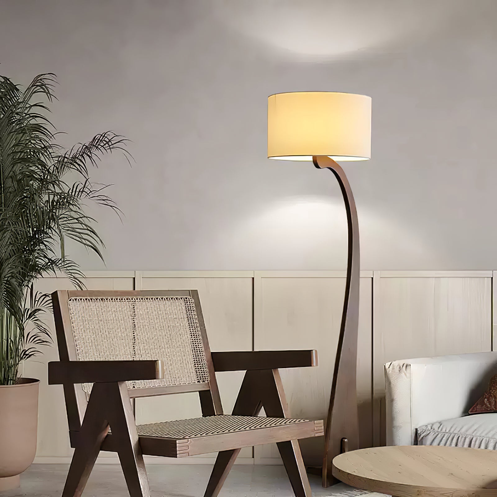 Modern Bow Curve Floor Lamp with Wooden Arch and White Fabric Shade Tall Standing Light
