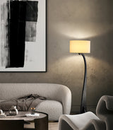 Modern Bow Curve Floor Lamp with Wooden Arch and White Fabric Shade Tall Standing Light