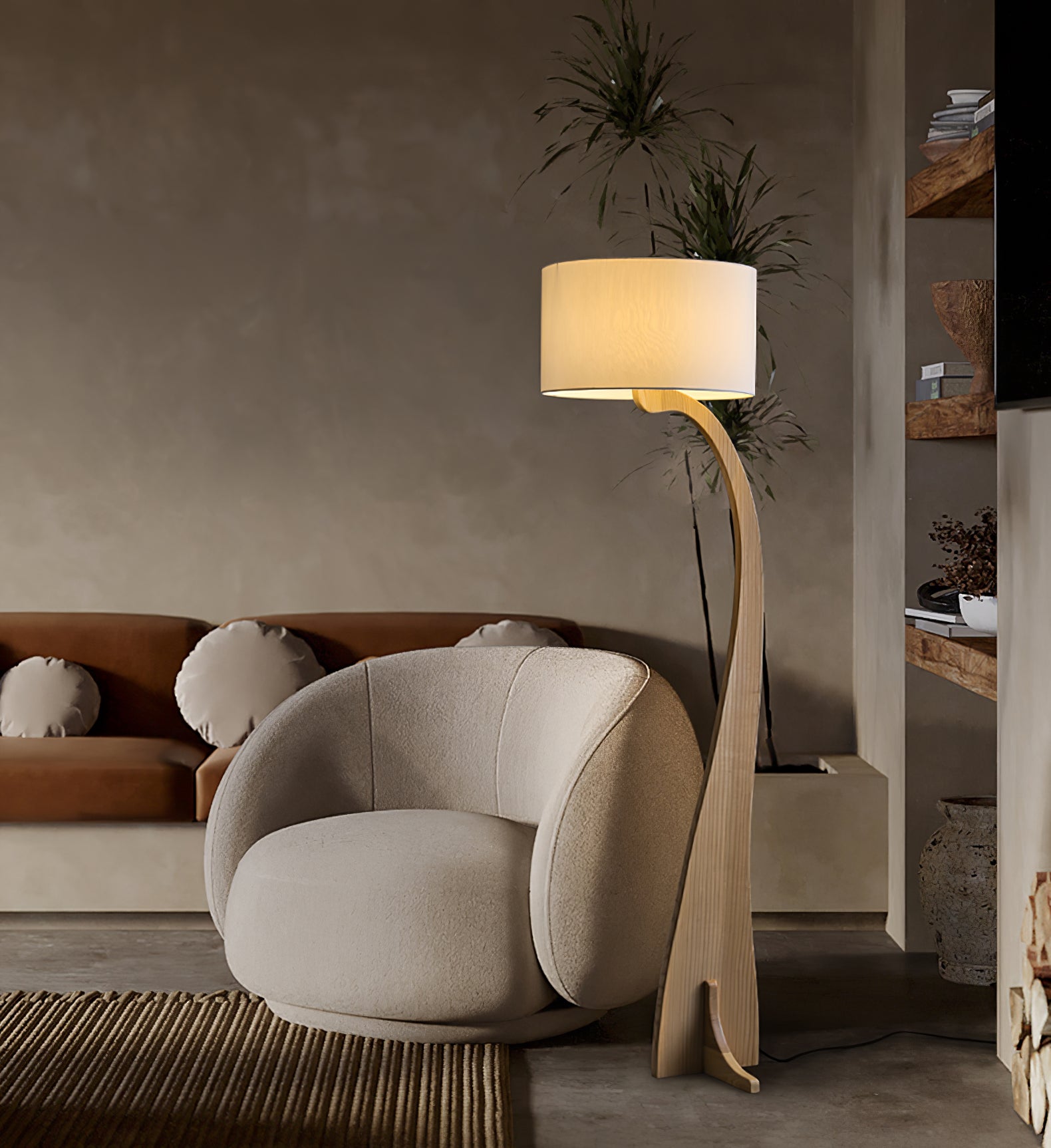 Modern Bow Curve Floor Lamp with Wooden Arch and White Fabric Shade Tall Standing Light