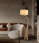 Modern Bow Curve Floor Lamp with Wooden Arch and White Fabric Shade Tall Standing Light