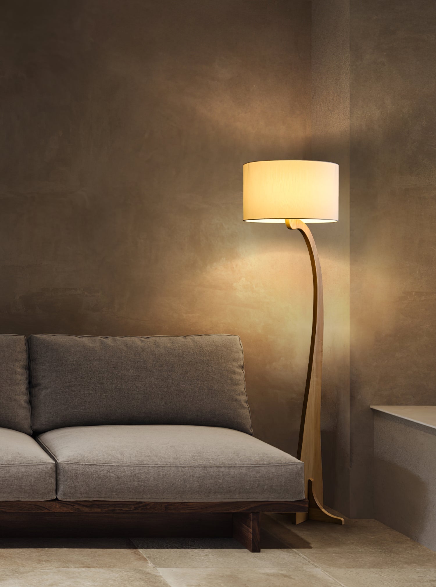 Modern Bow Curve Floor Lamp with Wooden Arch and White Fabric Shade Tall Standing Light