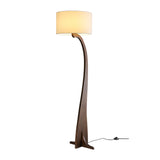Modern Bow Curve Floor Lamp with Wooden Arch and White Fabric Shade Tall Standing Light