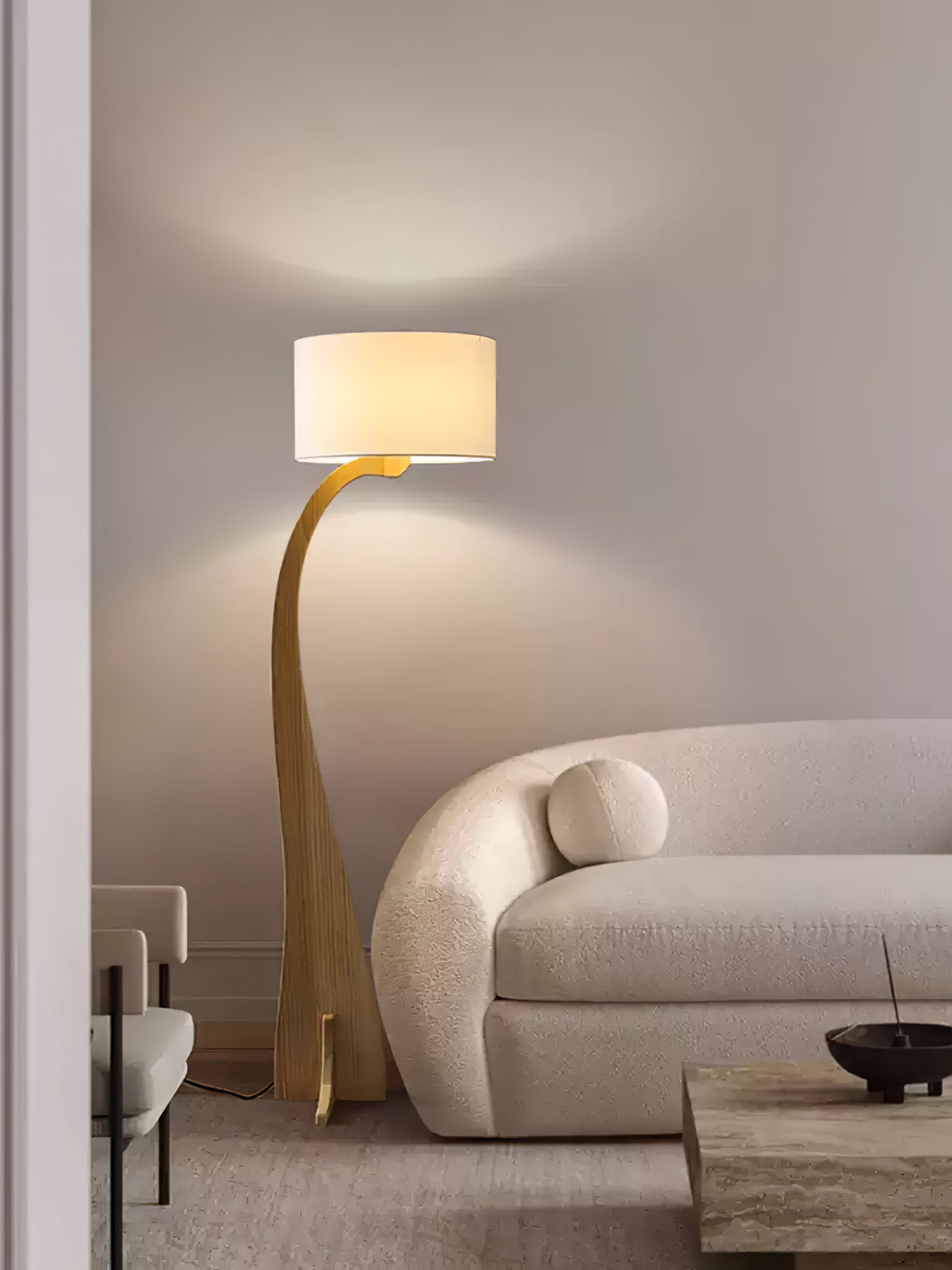 Modern Bow Curve Floor Lamp with Wooden Arch and White Fabric Shade Tall Standing Light