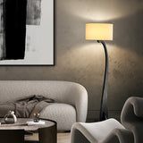 Modern Bow Curve Floor Lamp with Wooden Arch and White Fabric Shade Tall Standing Light