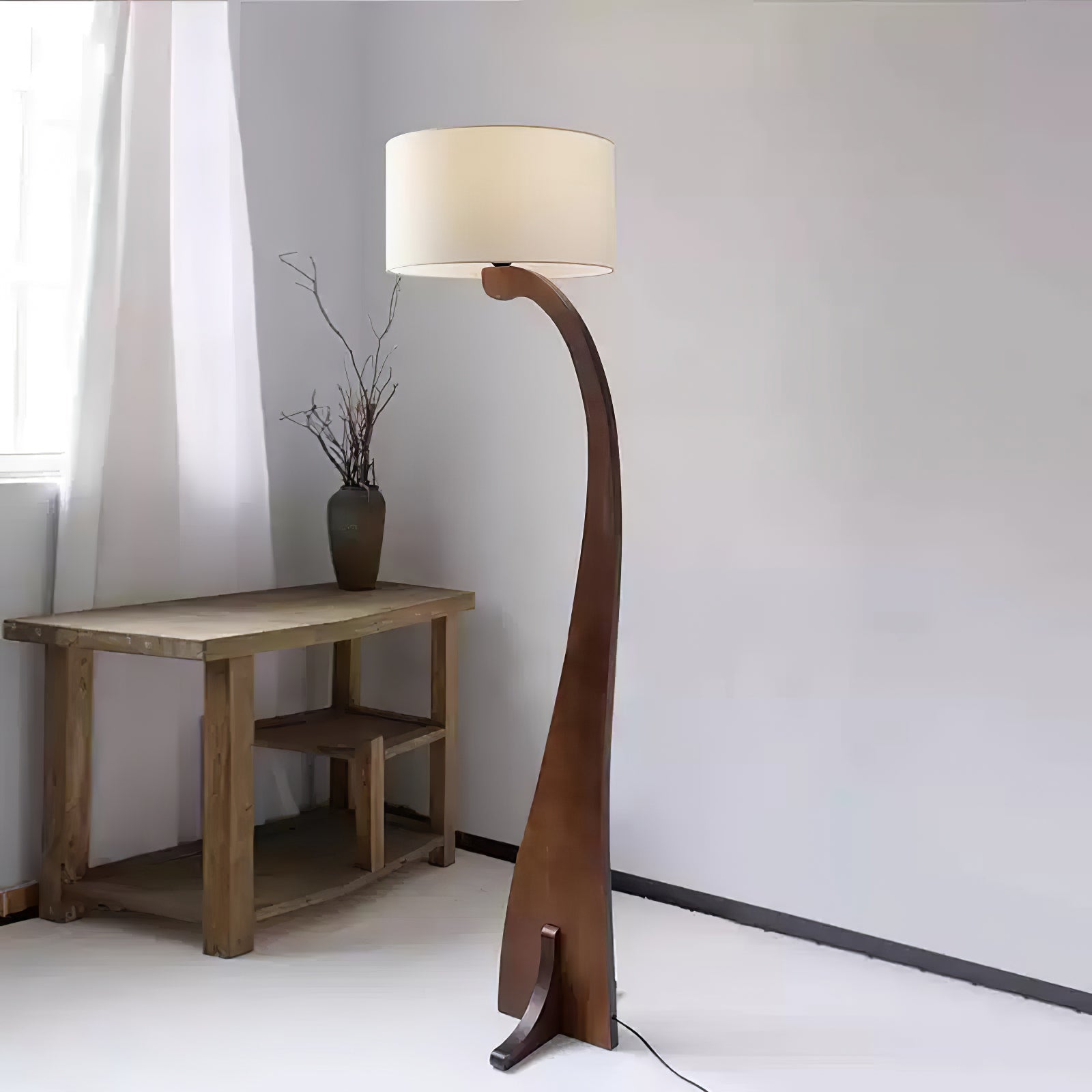 Modern Bow Curve Floor Lamp with Wooden Arch and White Fabric Shade Tall Standing Light