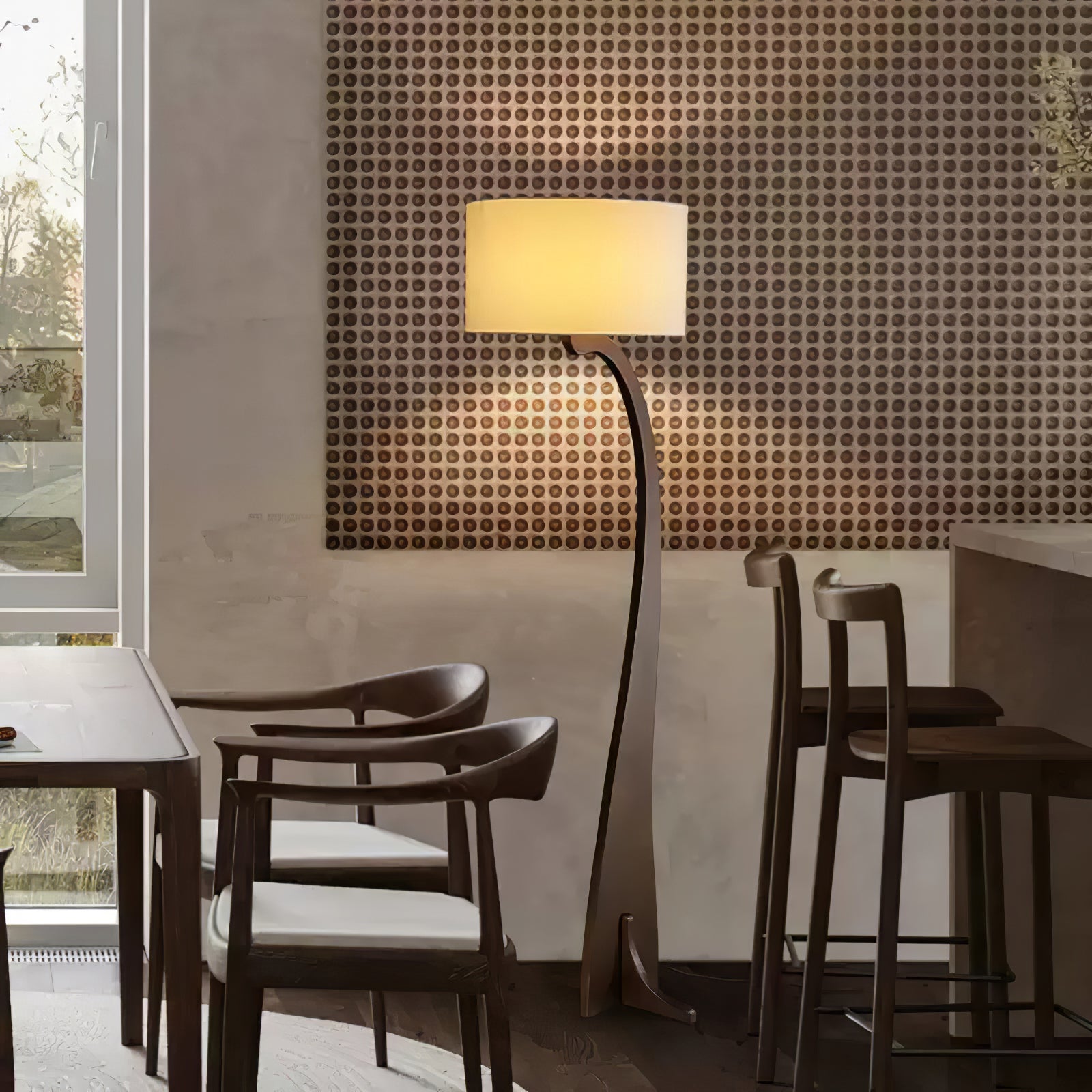 Modern Bow Curve Floor Lamp with Wooden Arch and White Fabric Shade Tall Standing Light