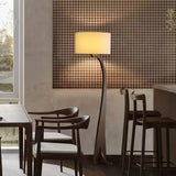 Modern Bow Curve Floor Lamp with Wooden Arch and White Fabric Shade Tall Standing Light