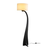 Modern Bow Curve Floor Lamp with Wooden Arch and White Fabric Shade Tall Standing Light