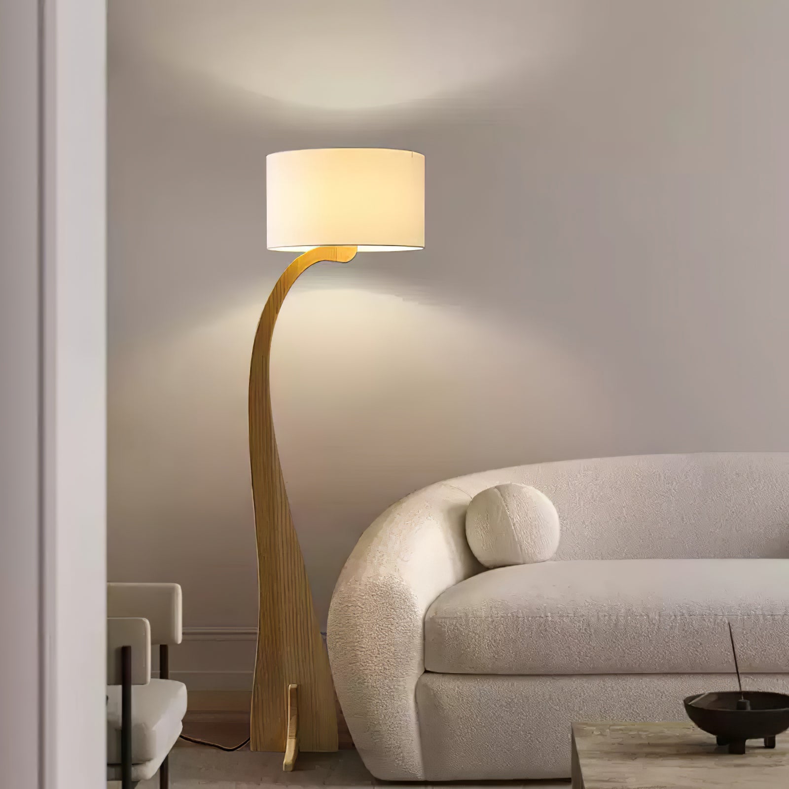 Modern Bow Curve Floor Lamp with Wooden Arch and White Fabric Shade Tall Standing Light